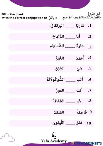 The verb (يأكل) writing exercises